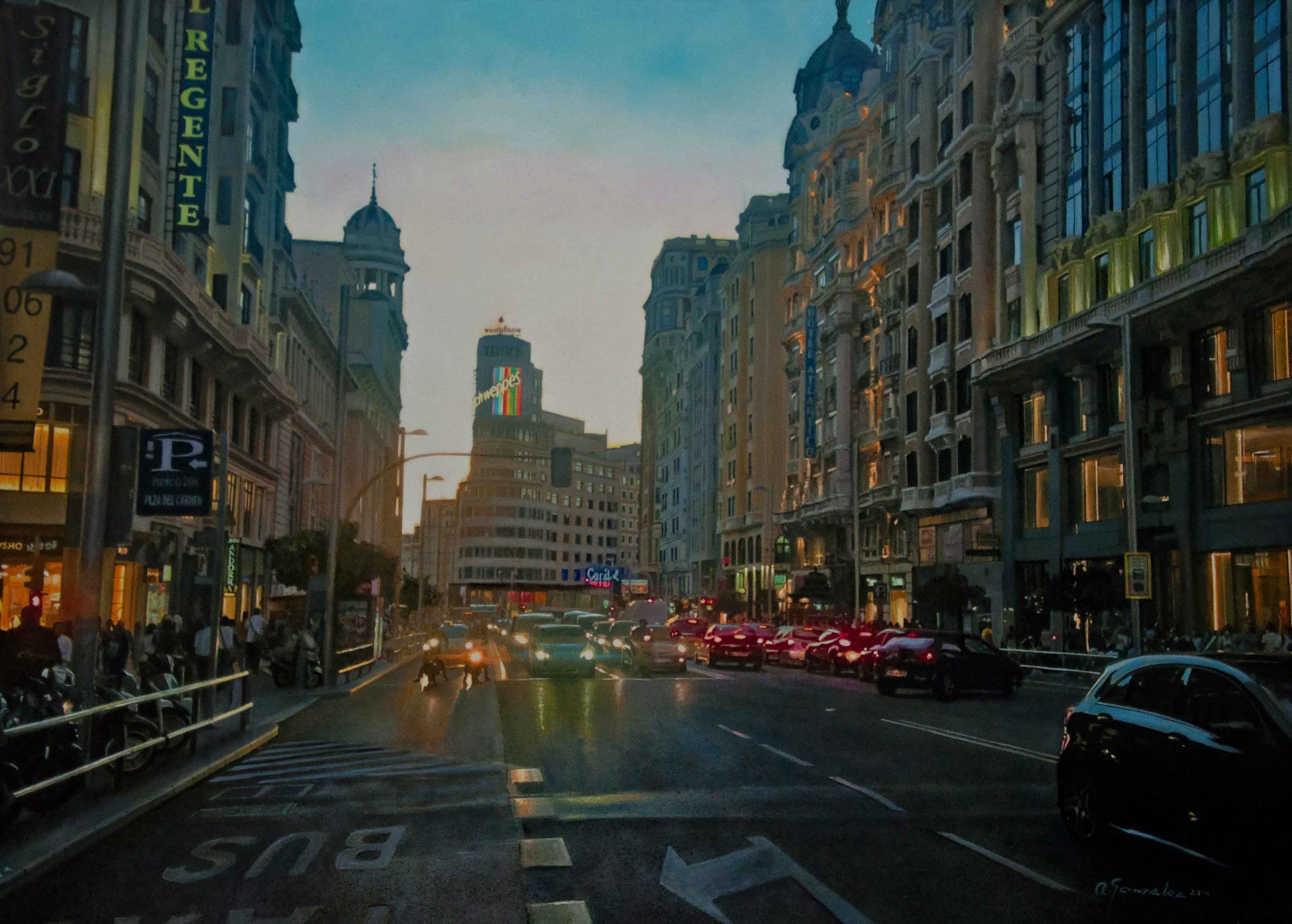 Anochecer-en-gran-Via-Madrid.100x73cm